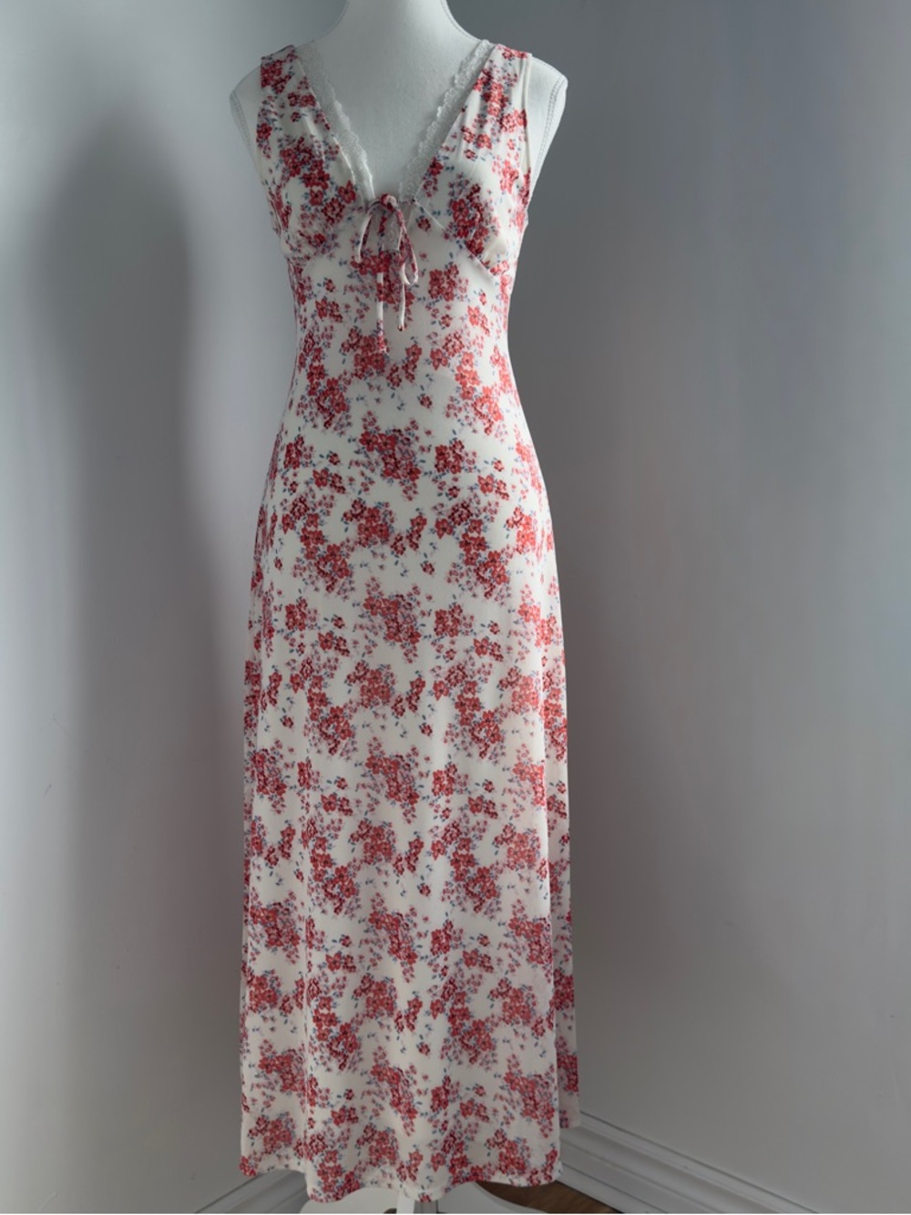 Floral Tie-Front Maxi Slip Dress in White & Red